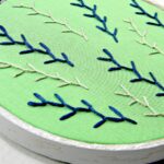 Stickrahmen mit Federstich-Stickerei in Grün-, Blau- und Grautönen